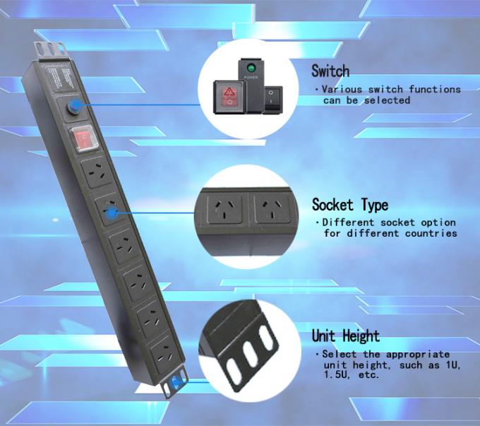 19 polegadas de alumínio preto IEC Tipo 6 vias 8 tomadas C13 C14 Unidade de distribuição de energia 16Amp/32Amp Com conector de comando disponível IEC320 Smart Socket PDU 2